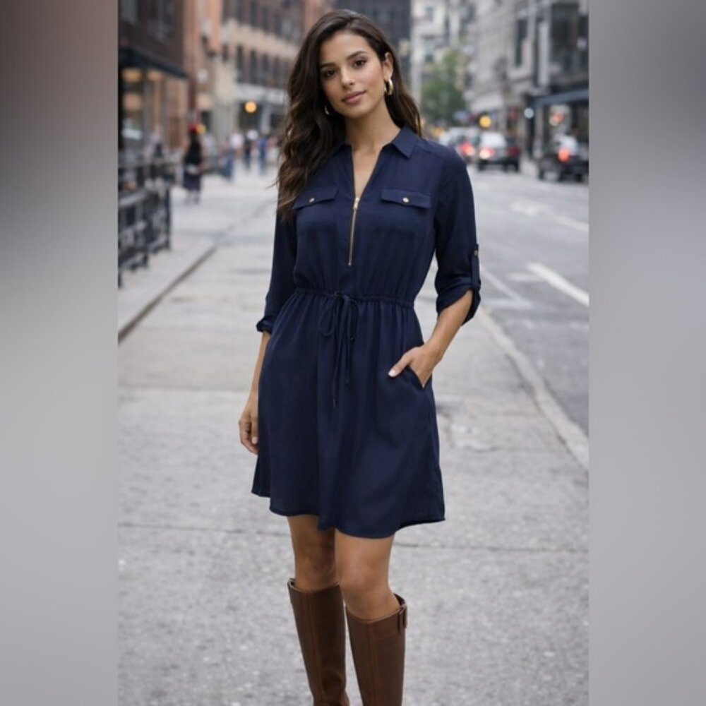 New Look Navy Zip-Front Shirt Dress | Size M | Drawstring Waist | Gold Hardware